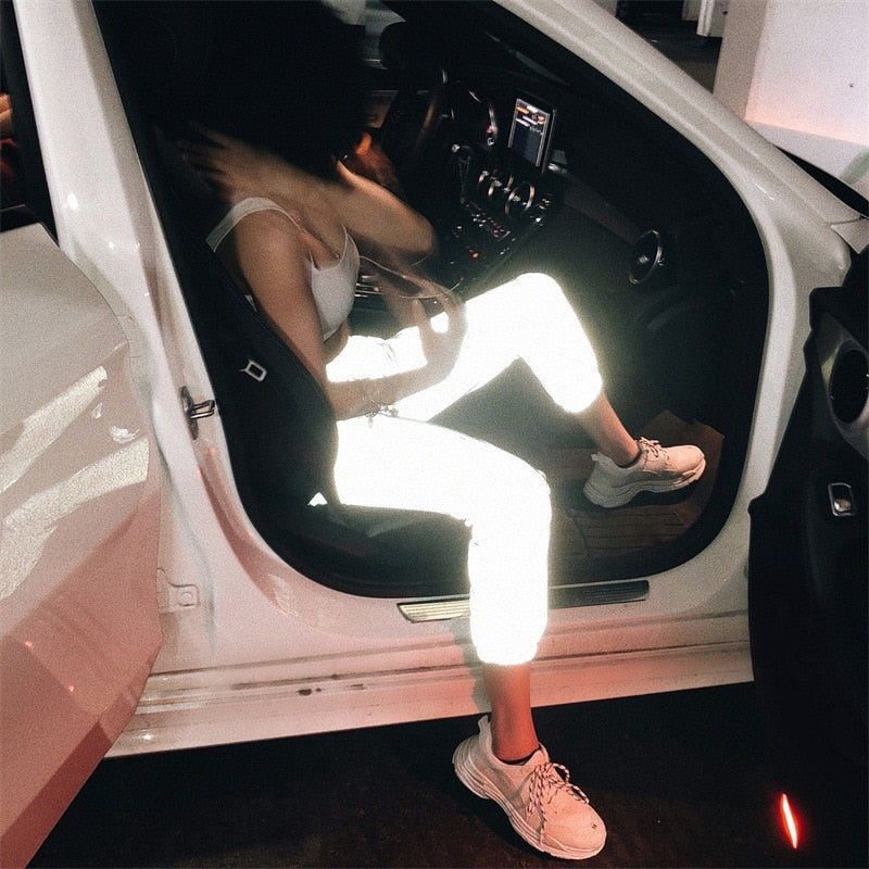 Flash Reflective Jogger Pants  Autumn Winter Women Casual Gray Solid Streetwear Trousers High Waist Pants Women Pants